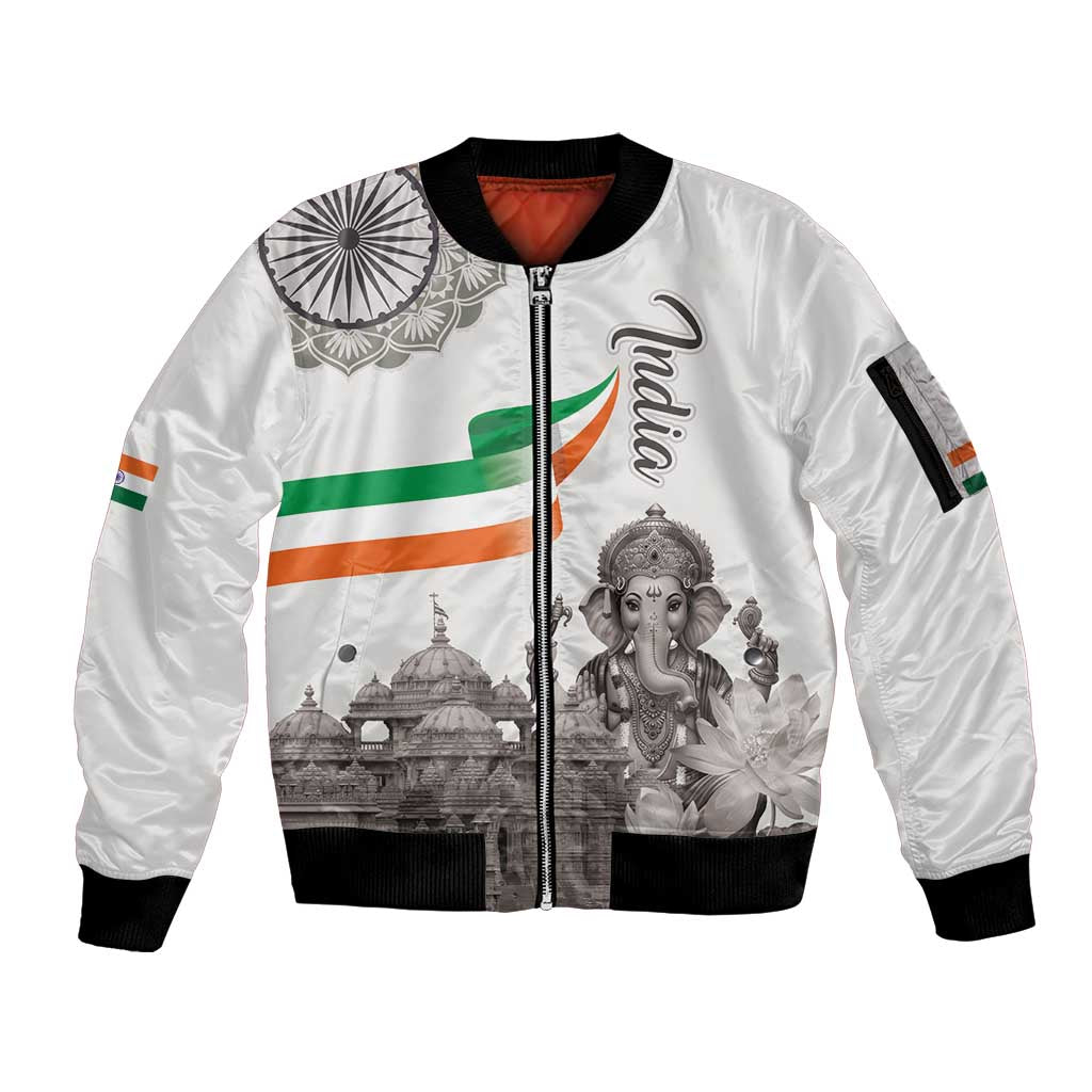 India Ganesha and Akshardham Sleeve Zip Bomber Jacket Lord Ganpati Lotus Flag Style - Wonder Print Shop