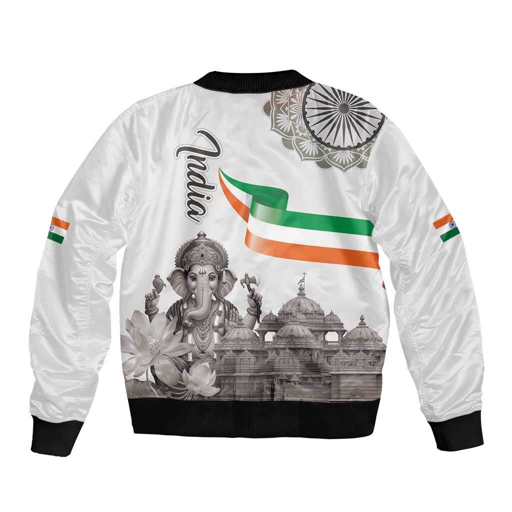 India Ganesha and Akshardham Sleeve Zip Bomber Jacket Lord Ganpati Lotus Flag Style - Wonder Print Shop