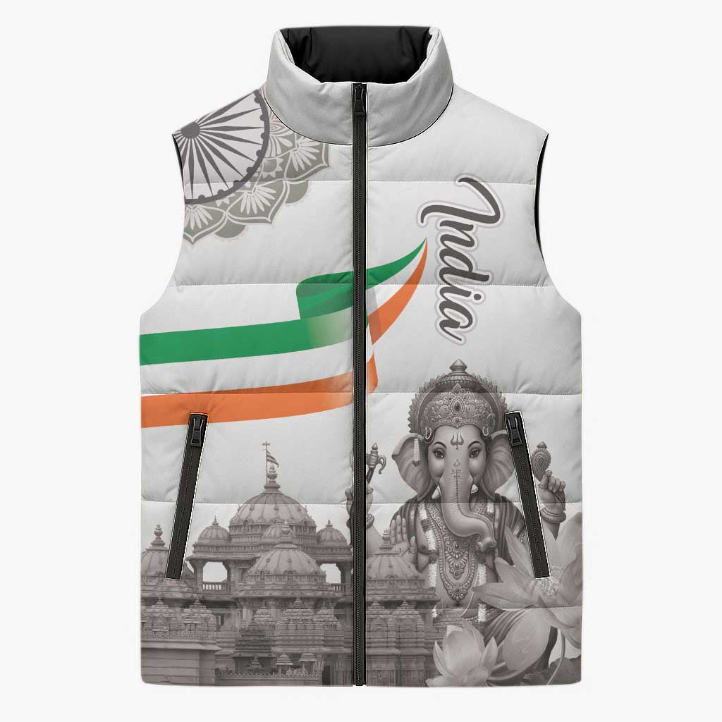 India Ganesha and Akshardham Sleeveless Puffer Jacket Lord Ganpati Lotus Flag Style - Wonder Print Shop