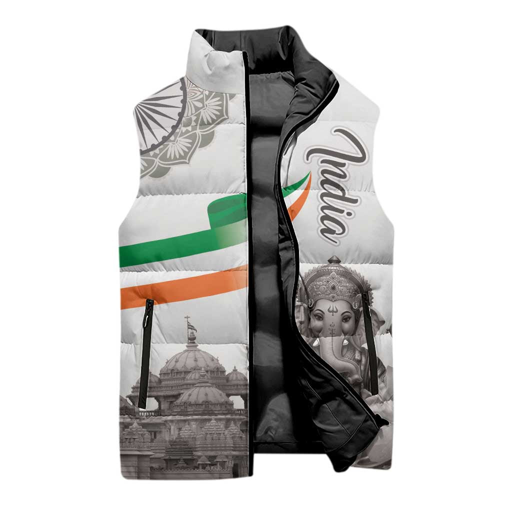 India Ganesha and Akshardham Sleeveless Puffer Jacket Lord Ganpati Lotus Flag Style - Wonder Print Shop