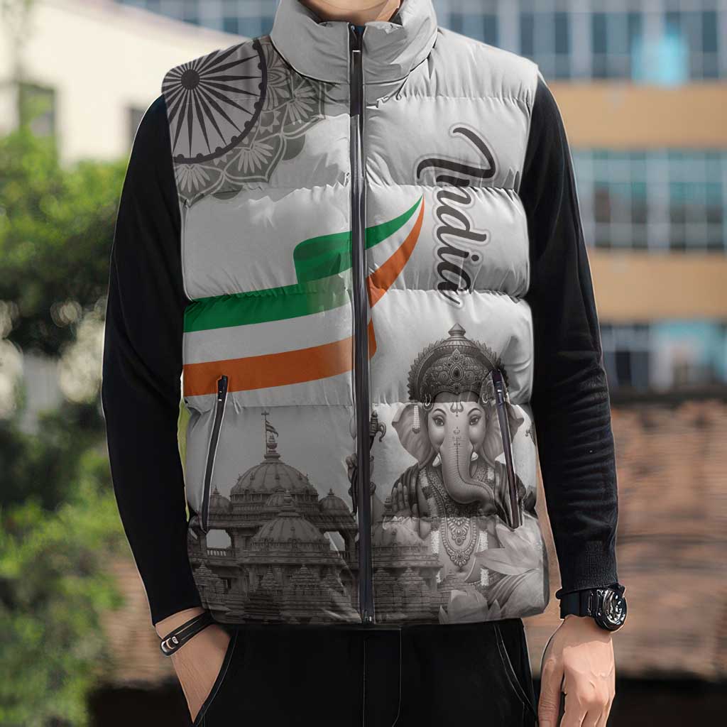 India Ganesha and Akshardham Sleeveless Puffer Jacket Lord Ganpati Lotus Flag Style - Wonder Print Shop