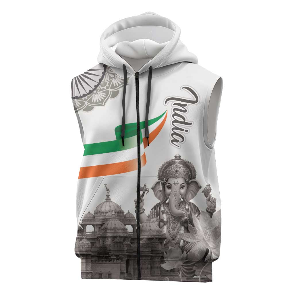 India Ganesha and Akshardham Sleeveless Zip Hoodie Lord Ganpati Lotus Flag Style - Wonder Print Shop