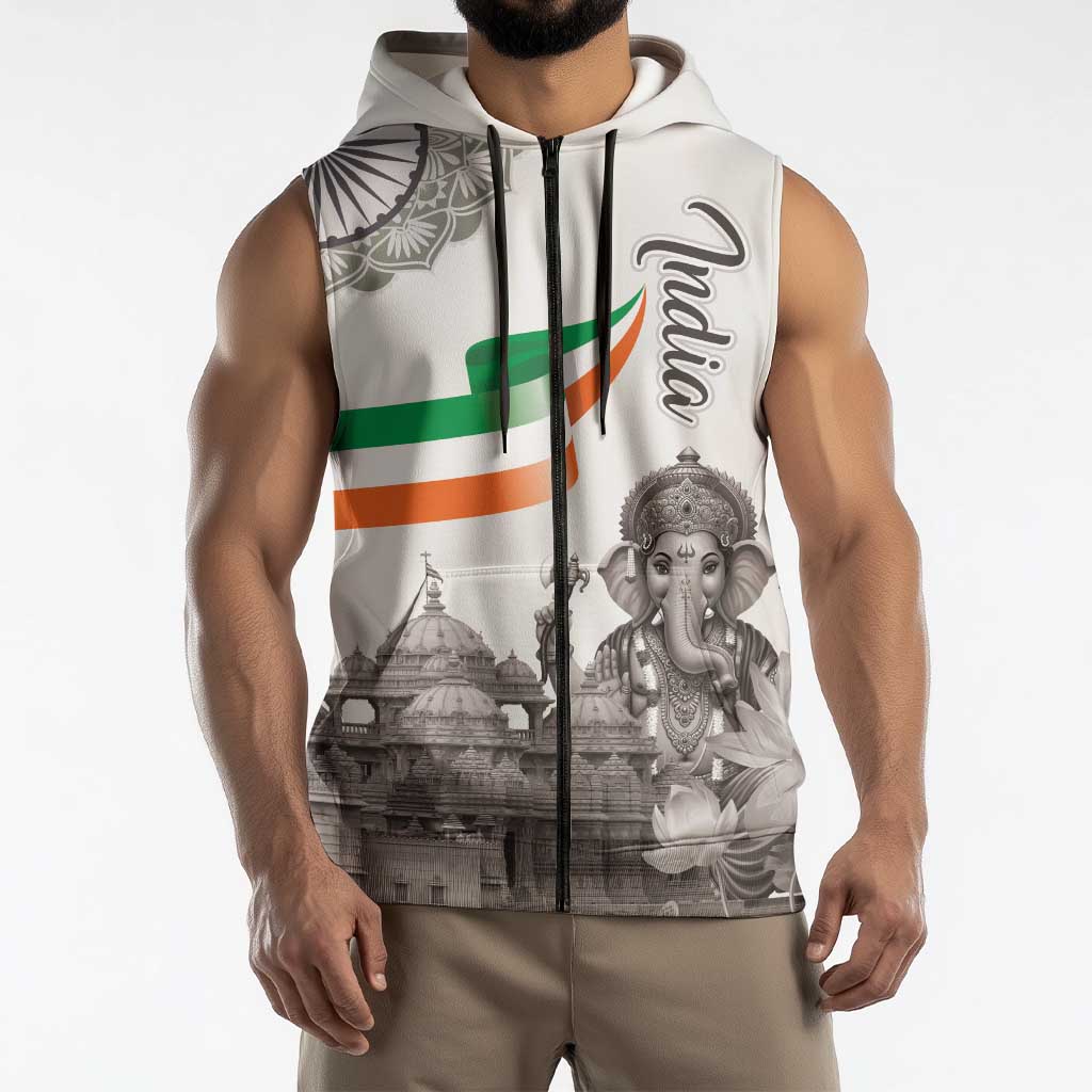 India Ganesha and Akshardham Sleeveless Zip Hoodie Lord Ganpati Lotus Flag Style - Wonder Print Shop