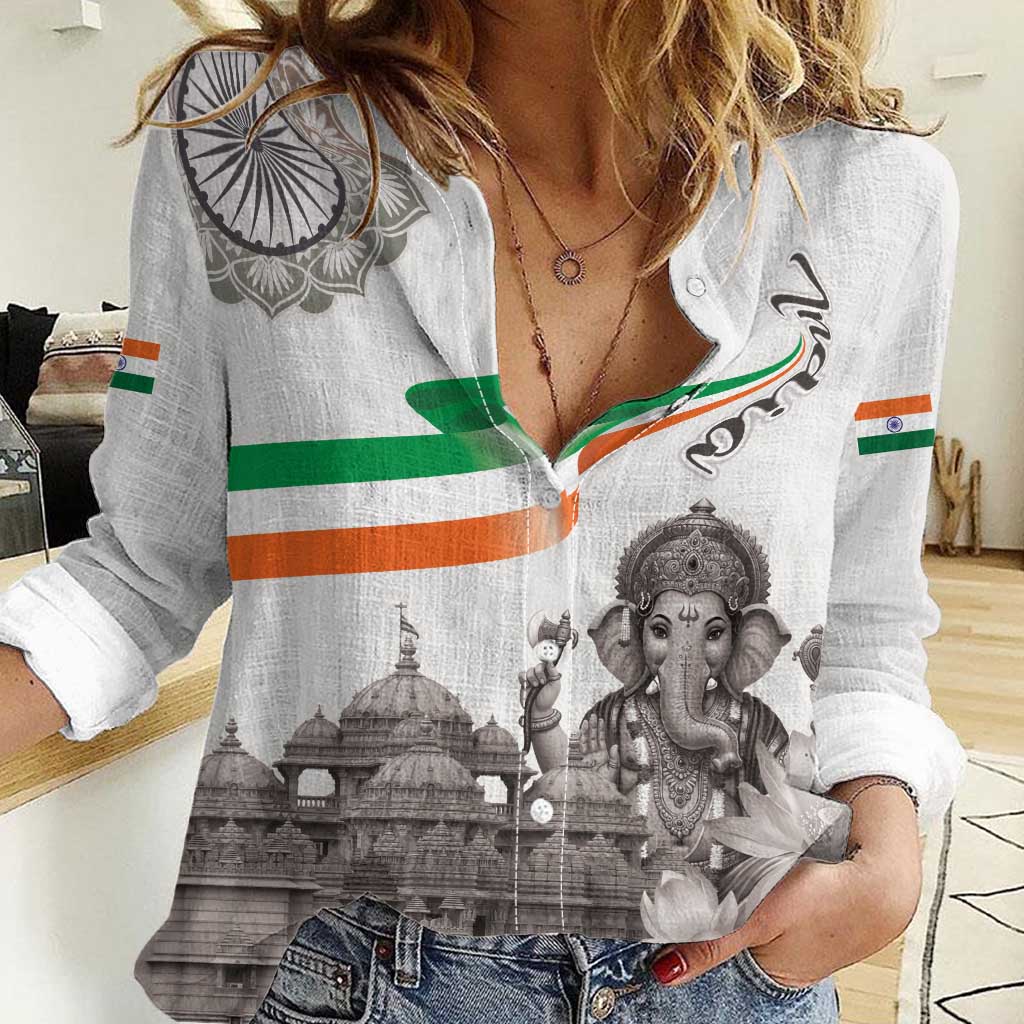 India Ganesha and Akshardham Women Casual Shirt Lord Ganpati Lotus Flag Style - Wonder Print Shop