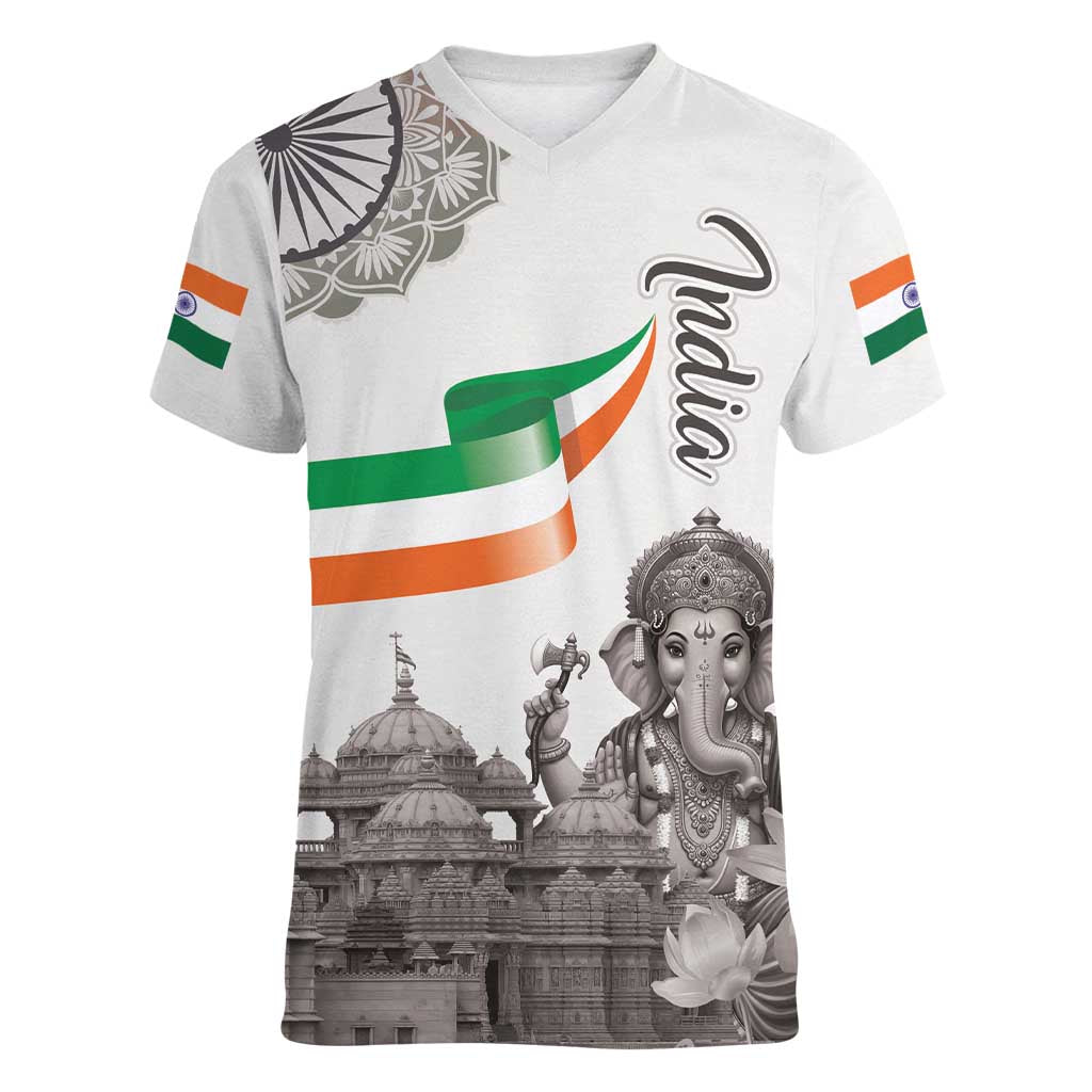 India Ganesha and Akshardham Women V-Neck T-Shirt Lord Ganpati Lotus Flag Style - Wonder Print Shop