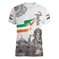 India Ganesha and Akshardham Women V-Neck T-Shirt Lord Ganpati Lotus Flag Style - Wonder Print Shop