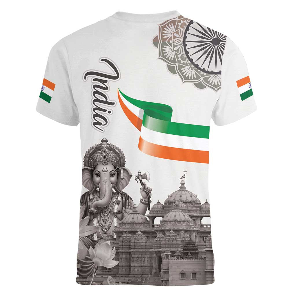 India Ganesha and Akshardham Women V-Neck T-Shirt Lord Ganpati Lotus Flag Style - Wonder Print Shop