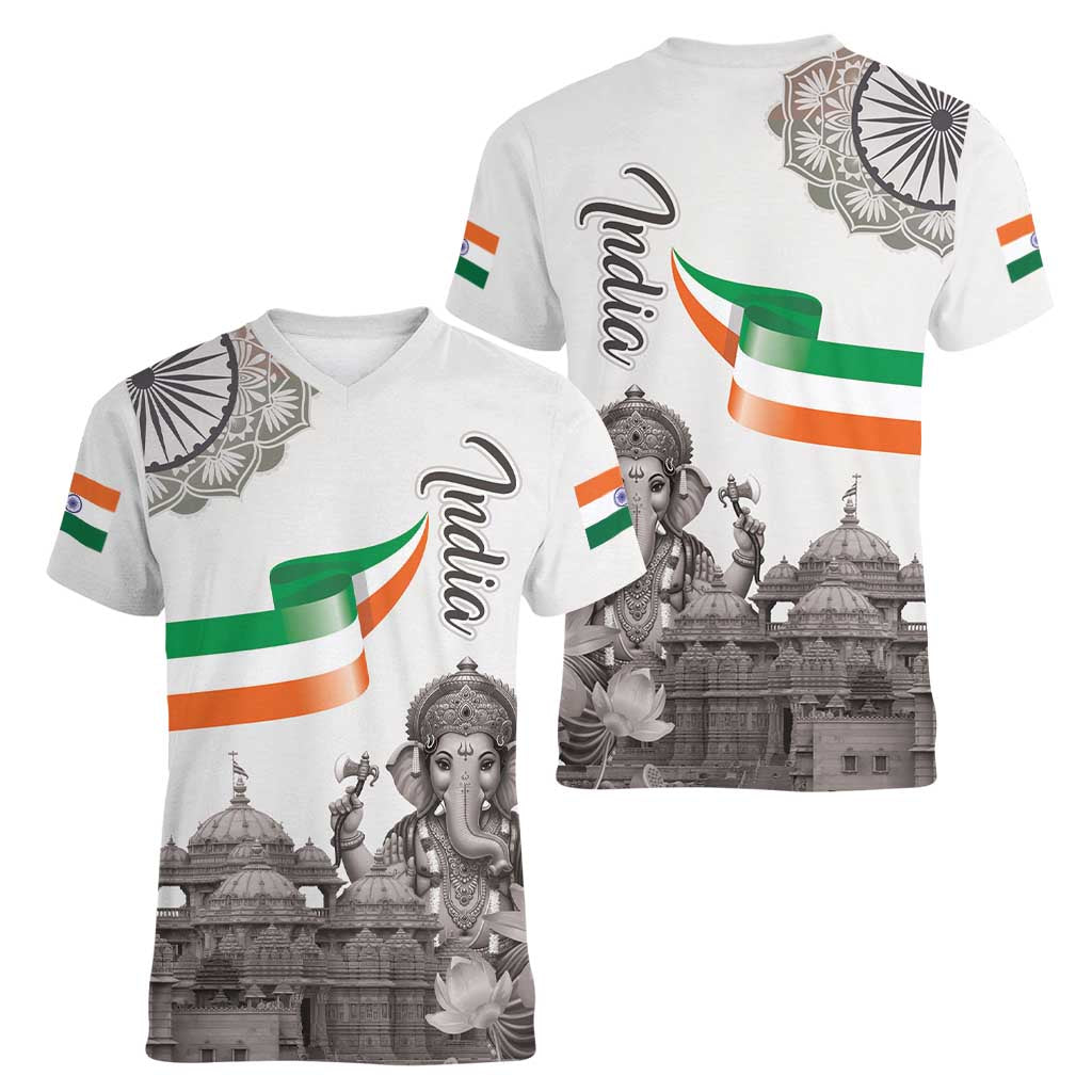 India Ganesha and Akshardham Women V-Neck T-Shirt Lord Ganpati Lotus Flag Style - Wonder Print Shop