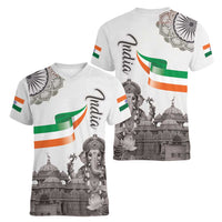 India Ganesha and Akshardham Women V-Neck T-Shirt Lord Ganpati Lotus Flag Style - Wonder Print Shop