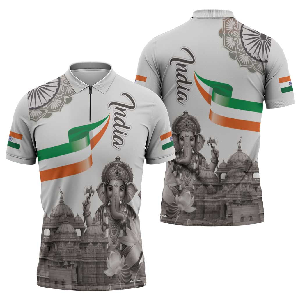 India Ganesha and Akshardham Zipper Polo Shirt Lord Ganpati Lotus Flag Style - Wonder Print Shop