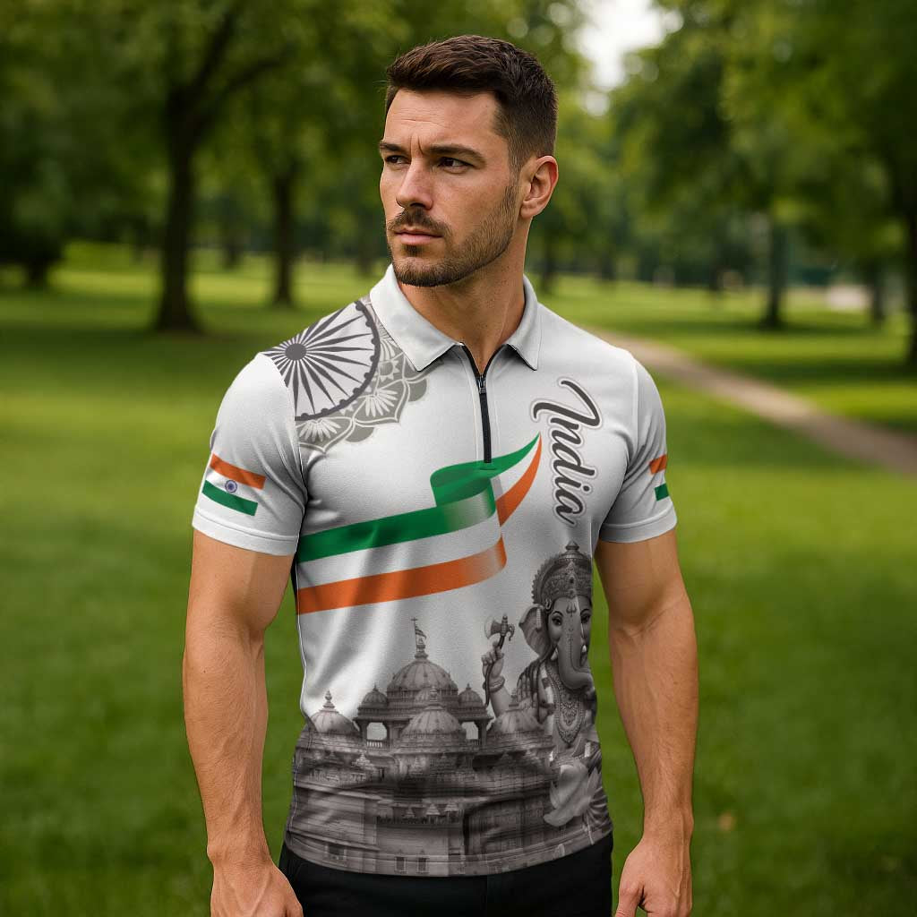 India Ganesha and Akshardham Zipper Polo Shirt Lord Ganpati Lotus Flag Style - Wonder Print Shop