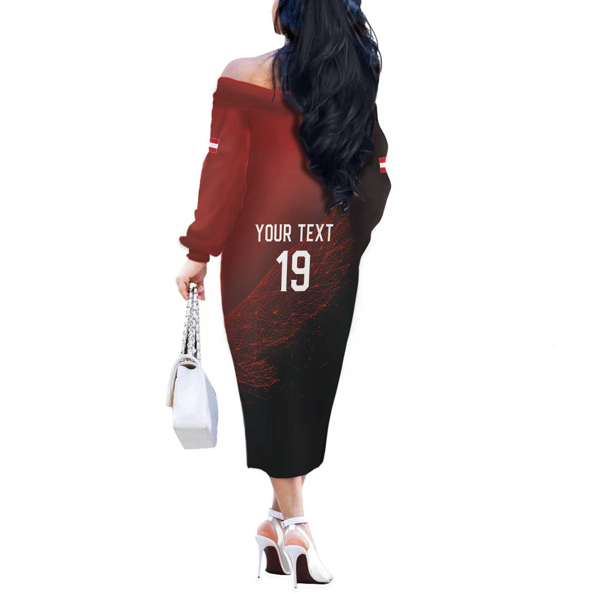 Custom World Football 2026 Austria Off The Shoulder Long Sleeve Dress Das Team Go Champions Red Version