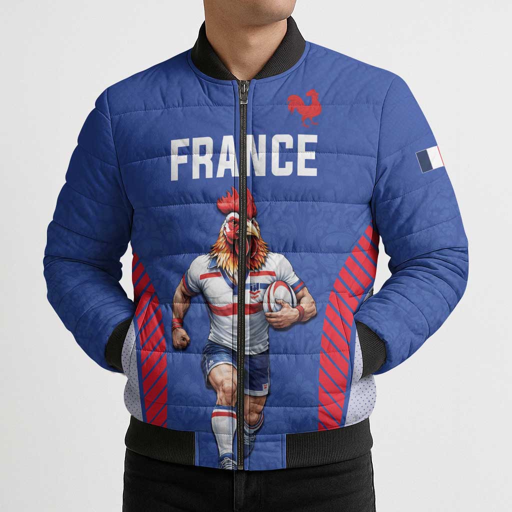 Custom Rugby France Bomber Puffer Jacket XV de France Gallic Rooster Mascot