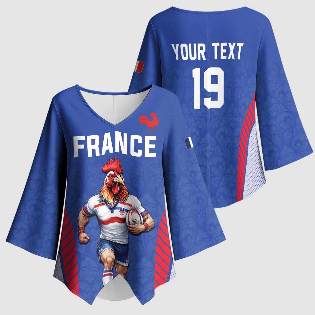 Custom Rugby France Kimono Sleeve Blouse XV de France Gallic Rooster Mascot
