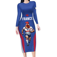 Custom Rugby France Long Sleeve Bodycon Dress XV de France Gallic Rooster Mascot