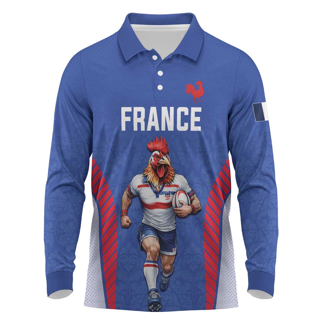 Custom Rugby France Long Sleeve Polo Shirt XV de France Gallic Rooster Mascot