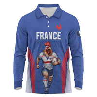Custom Rugby France Long Sleeve Polo Shirt XV de France Gallic Rooster Mascot