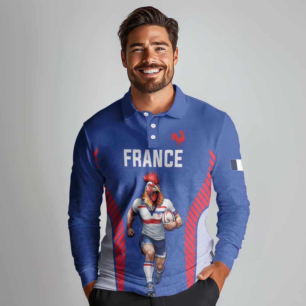 Custom Rugby France Long Sleeve Polo Shirt XV de France Gallic Rooster Mascot