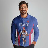 Custom Rugby France Long Sleeve Polo Shirt XV de France Gallic Rooster Mascot