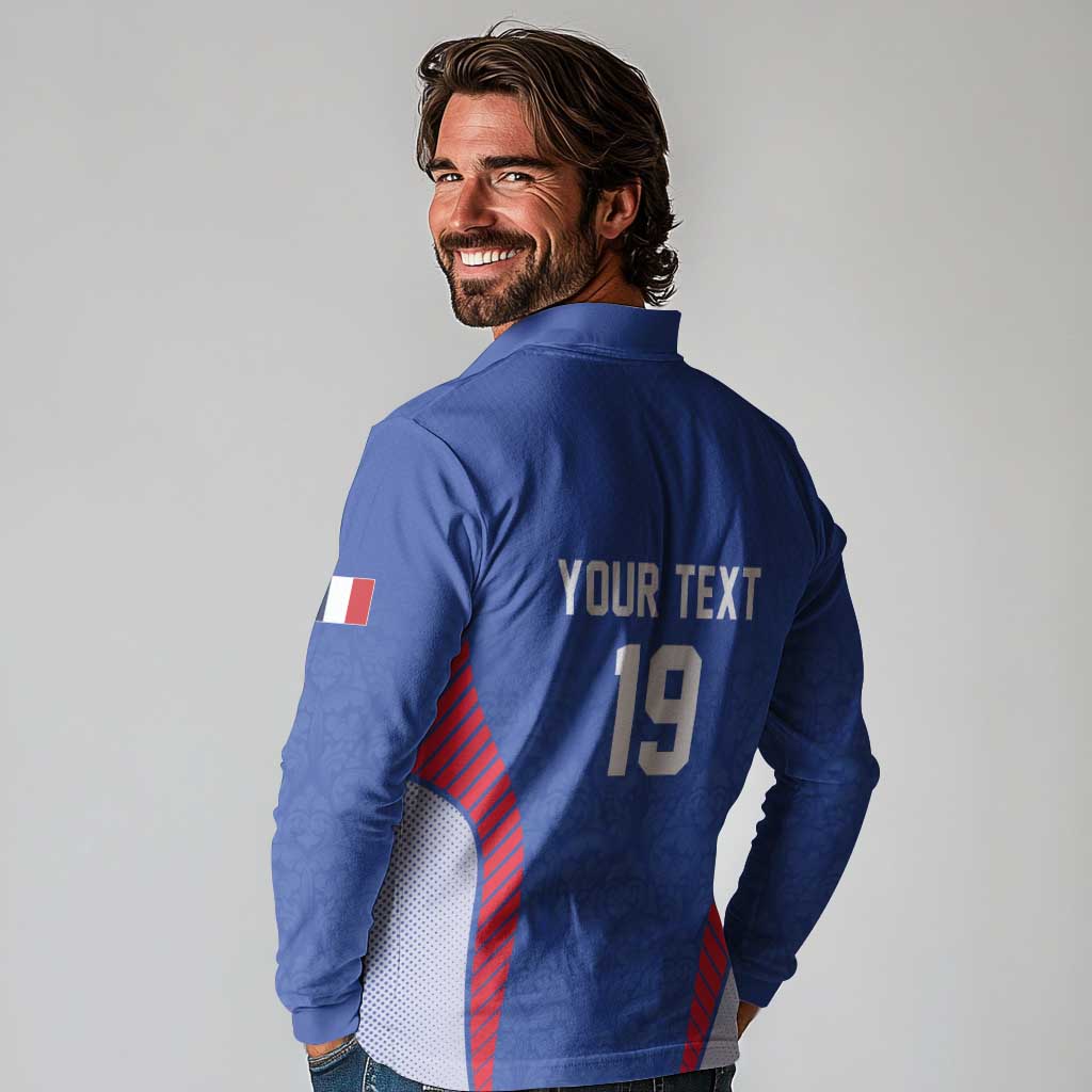 Custom Rugby France Long Sleeve Polo Shirt XV de France Gallic Rooster Mascot