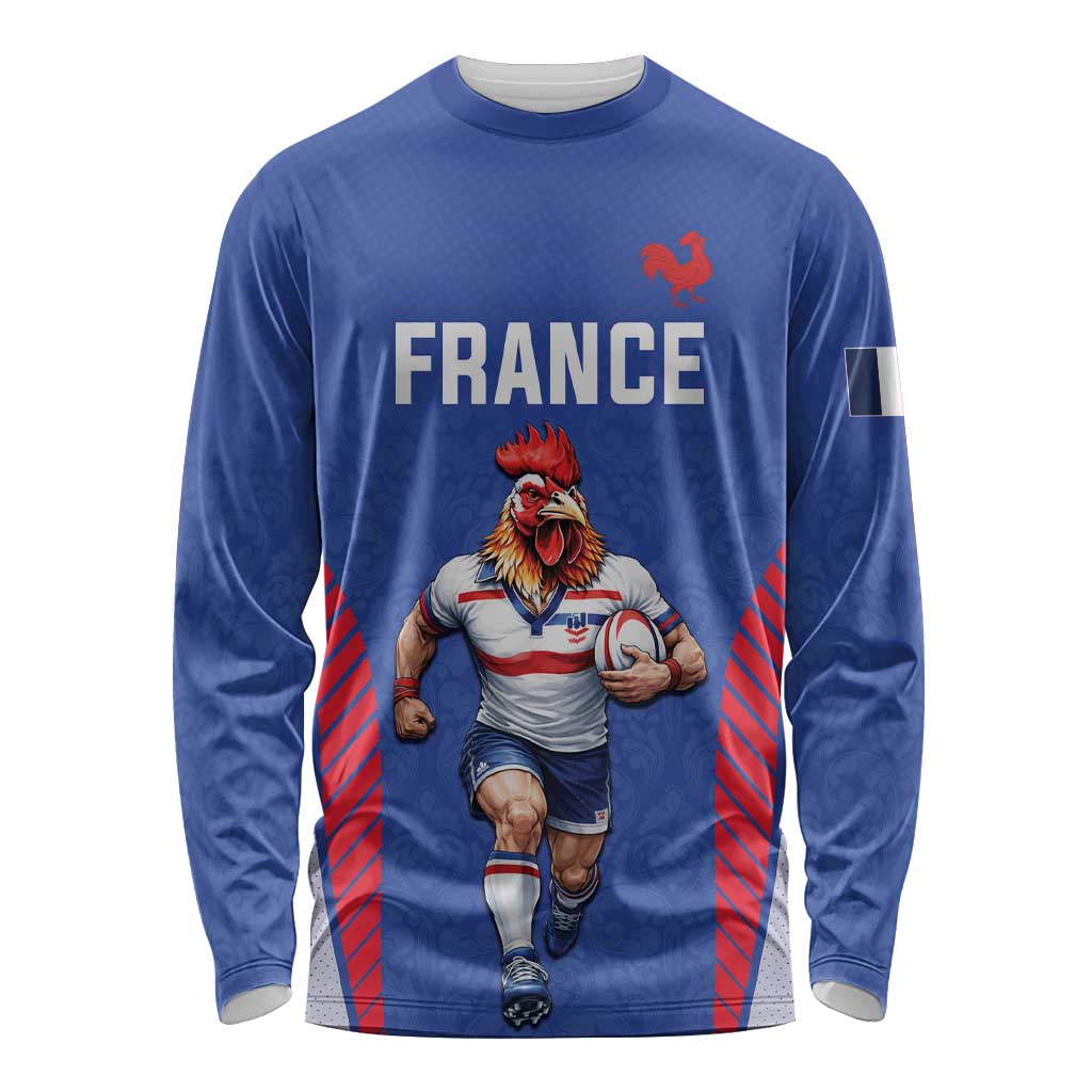 Custom Rugby France Long Sleeve Shirt XV de France Gallic Rooster Mascot