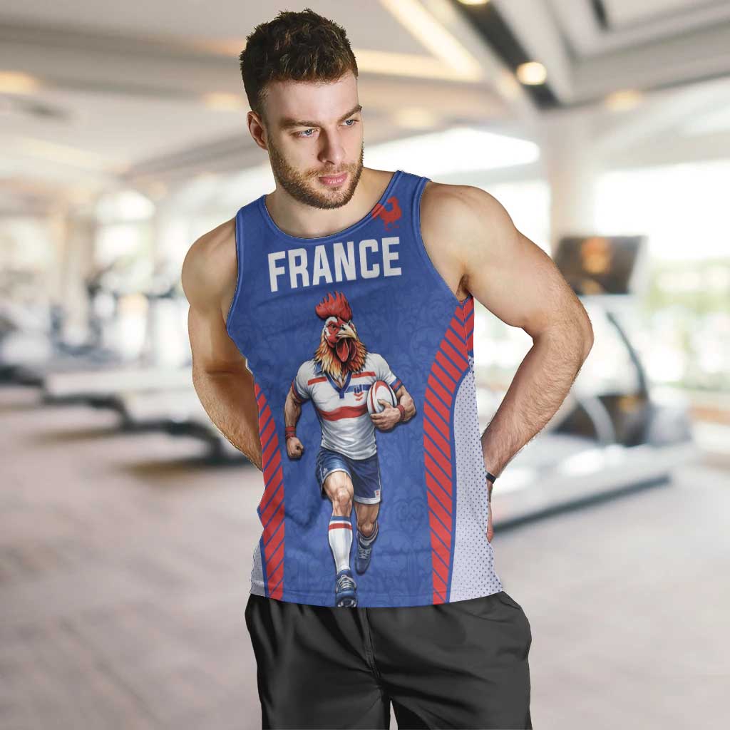 Custom Rugby France Men Tank Top XV de France Gallic Rooster Mascot