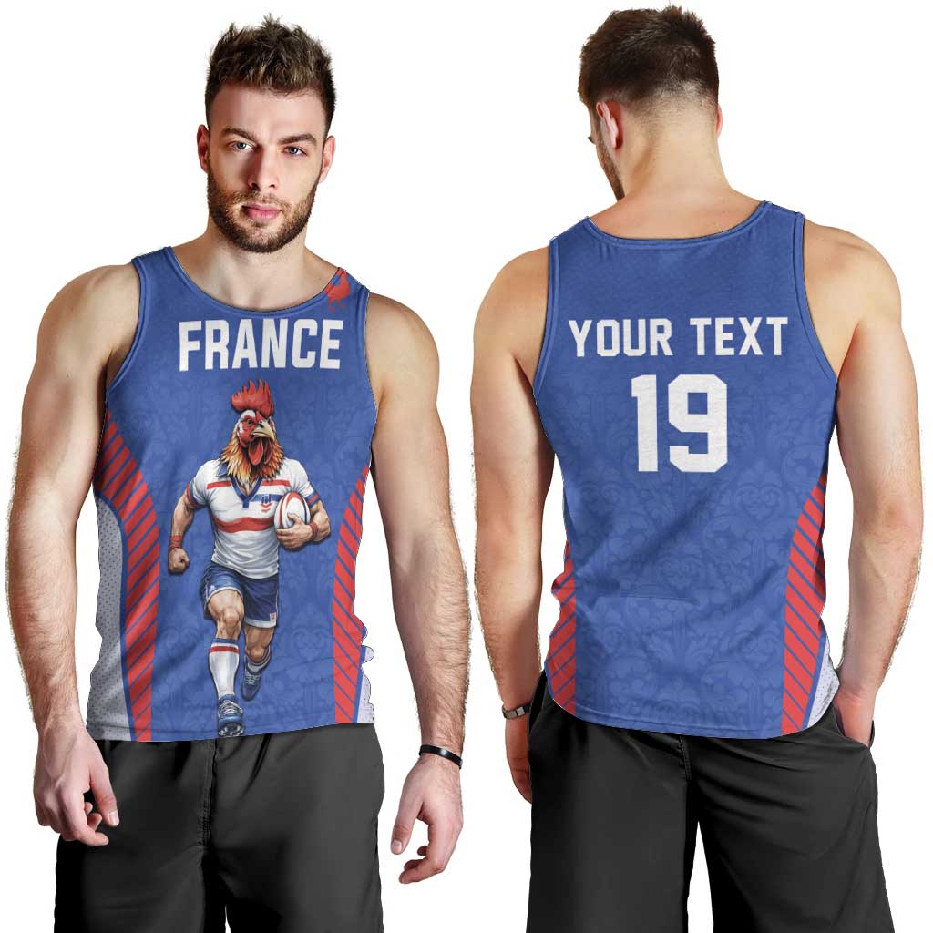 Custom Rugby France Men Tank Top XV de France Gallic Rooster Mascot