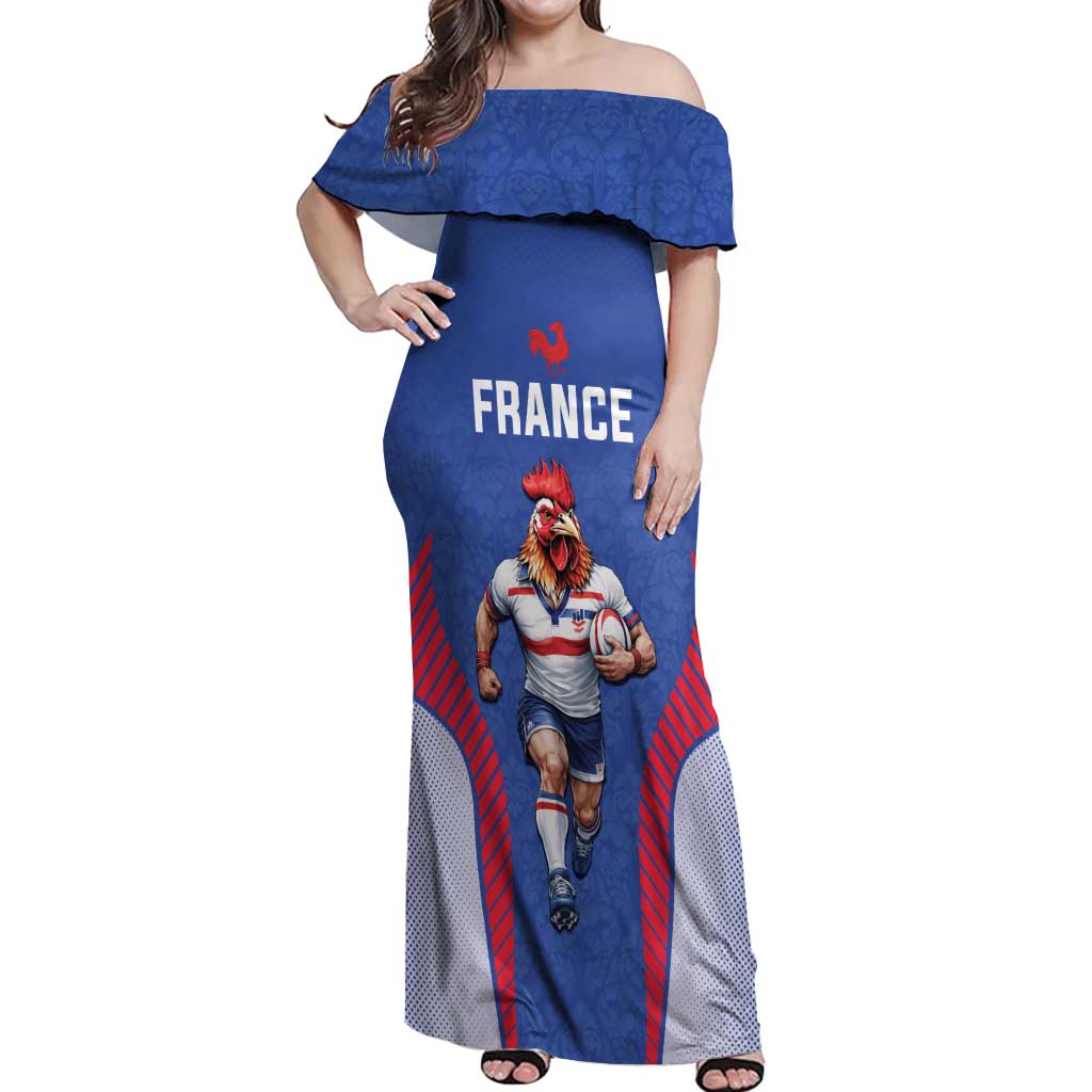 Custom Rugby France Off Shoulder Maxi Dress XV de France Gallic Rooster Mascot