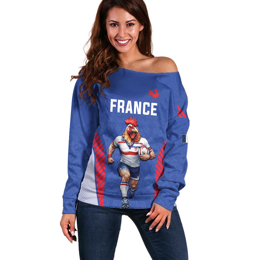 Custom Rugby France Off Shoulder Sweater XV de France Gallic Rooster Mascot