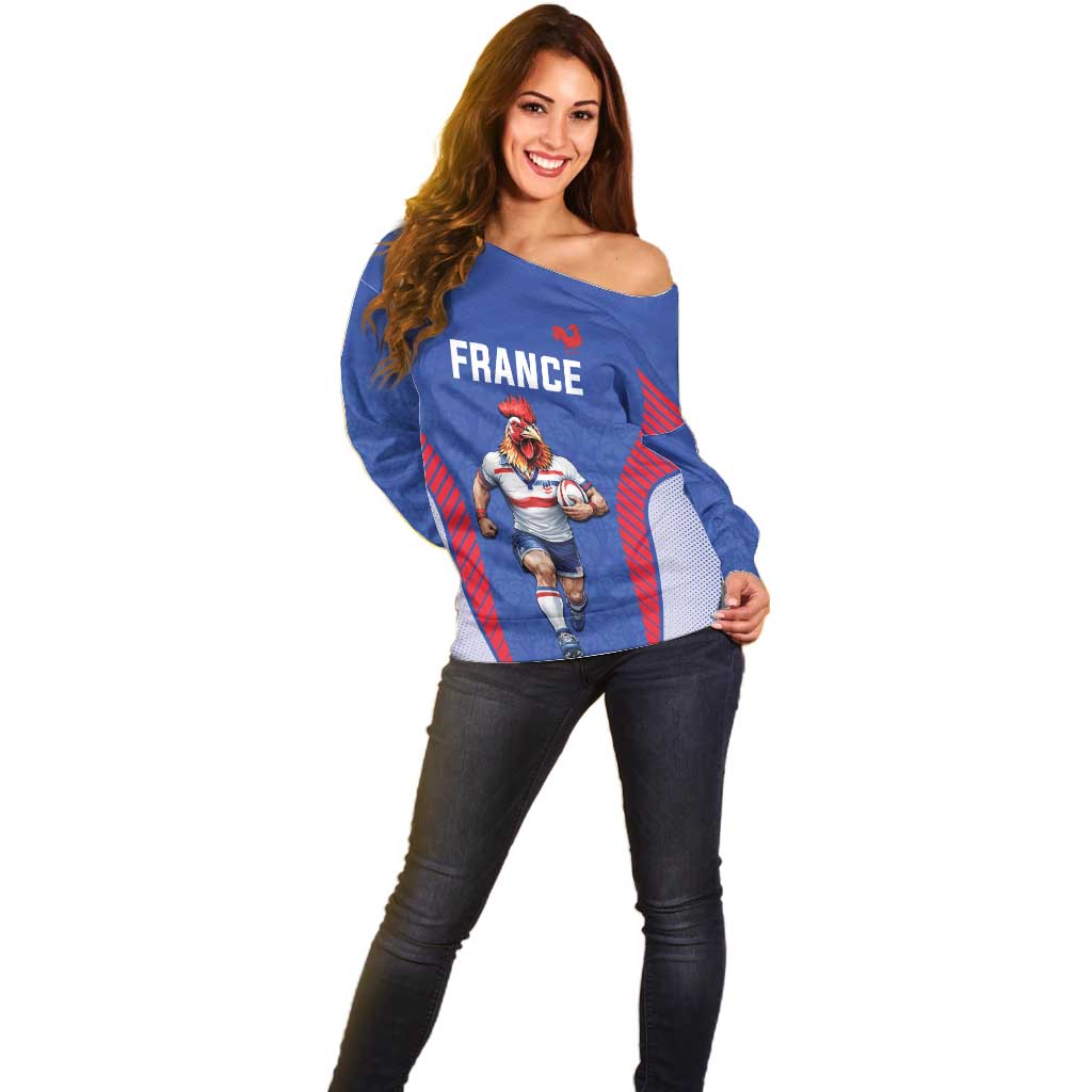 Custom Rugby France Off Shoulder Sweater XV de France Gallic Rooster Mascot