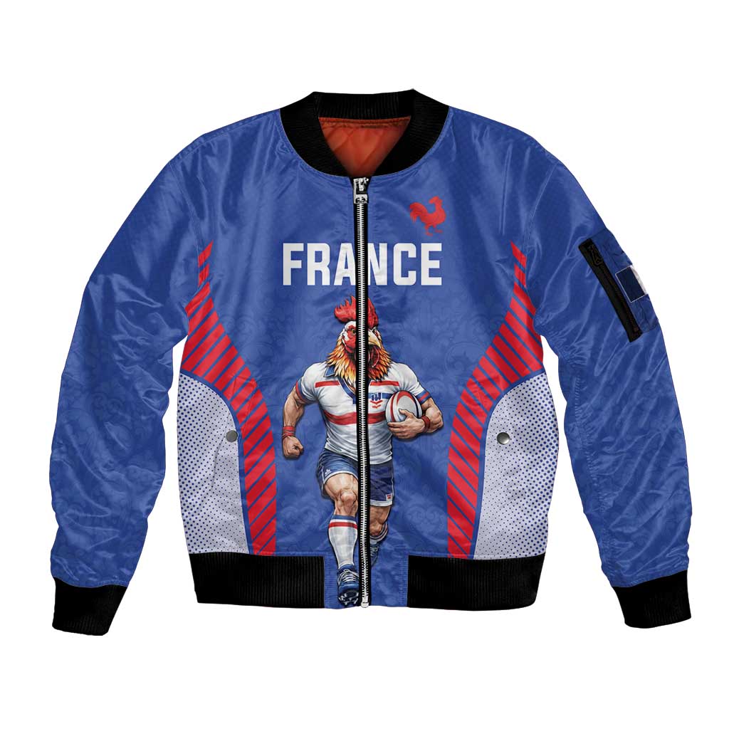 Custom Rugby France Sleeve Zip Bomber Jacket XV de France Gallic Rooster Mascot