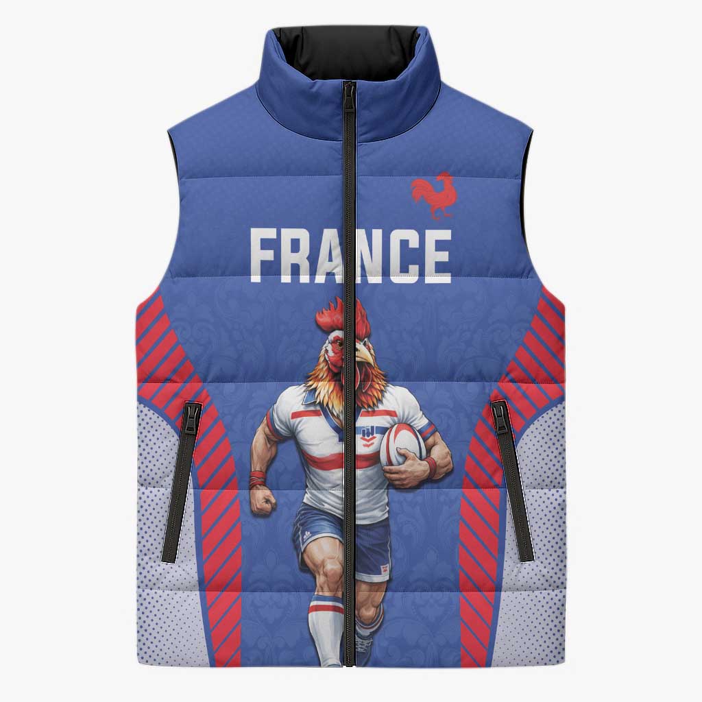 Custom Rugby France Sleeveless Puffer Jacket XV de France Gallic Rooster Mascot