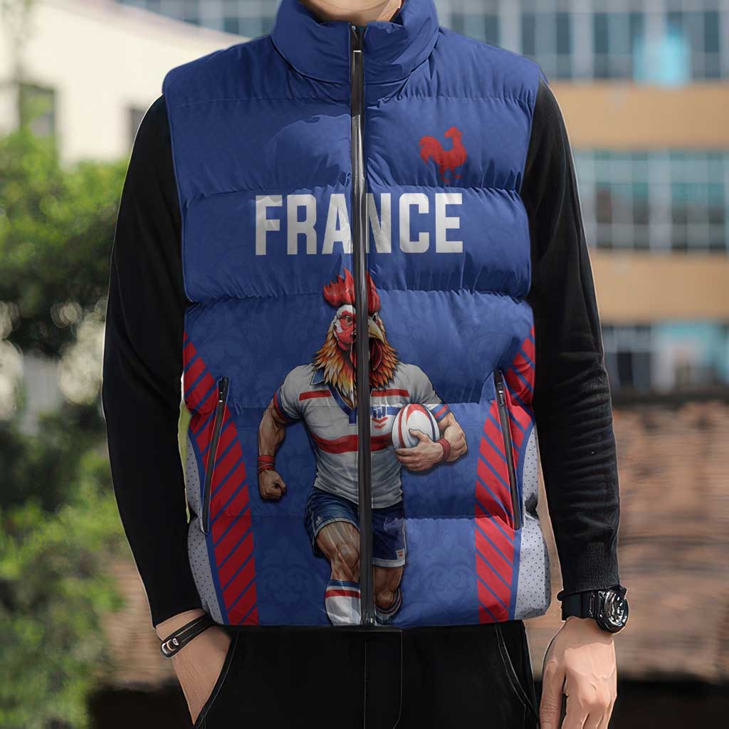 Custom Rugby France Sleeveless Puffer Jacket XV de France Gallic Rooster Mascot