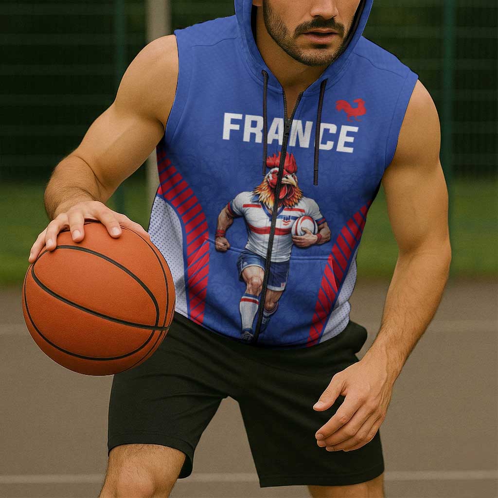 Custom Rugby France Sleeveless Zip Hoodie XV de France Gallic Rooster Mascot
