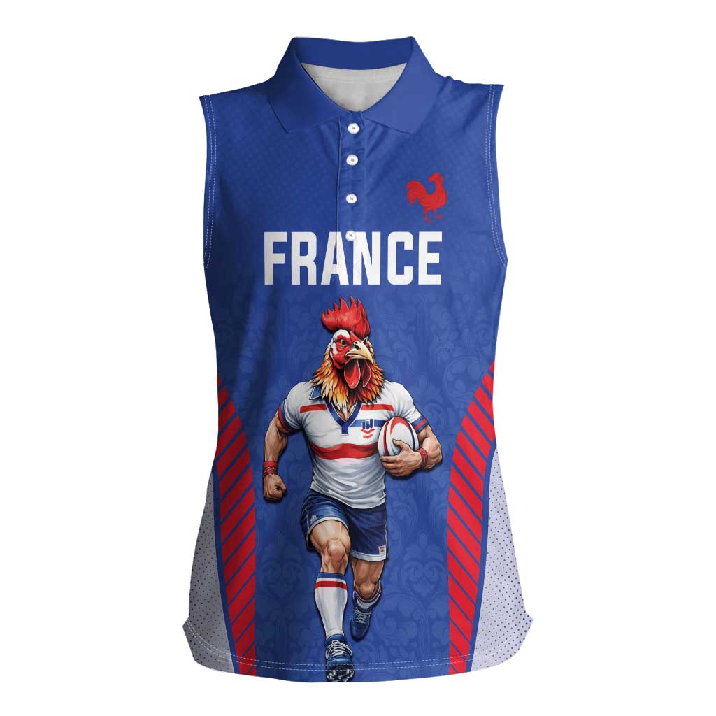 Custom Rugby France Women Sleeveless Polo Shirt XV de France Gallic Rooster Mascot