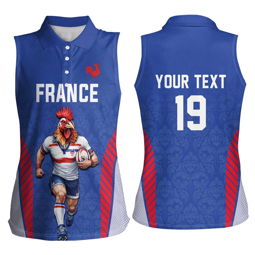 Custom Rugby France Women Sleeveless Polo Shirt XV de France Gallic Rooster Mascot
