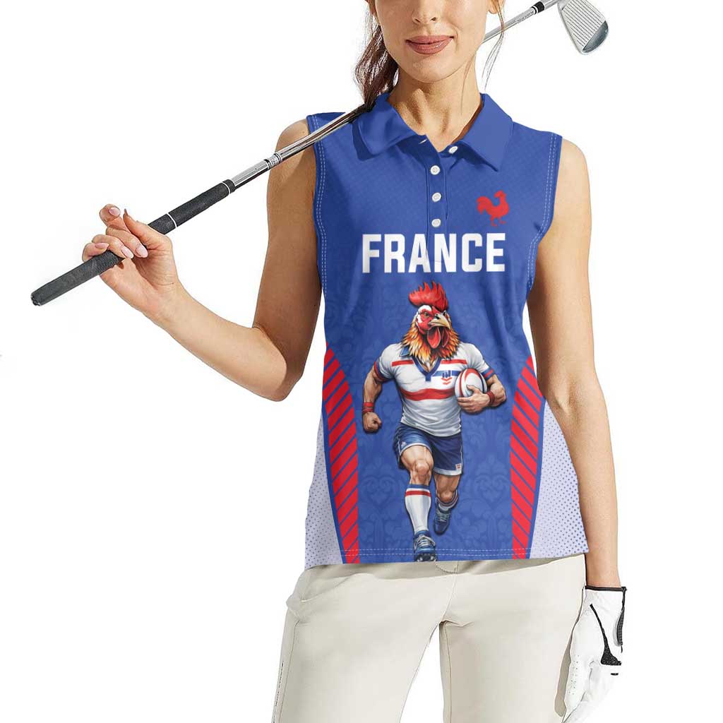 Custom Rugby France Women Sleeveless Polo Shirt XV de France Gallic Rooster Mascot