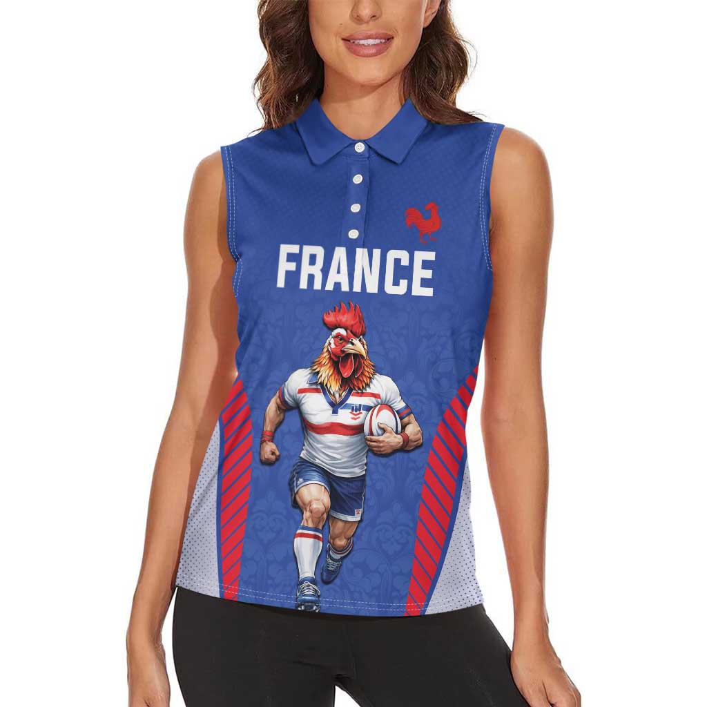 Custom Rugby France Women Sleeveless Polo Shirt XV de France Gallic Rooster Mascot
