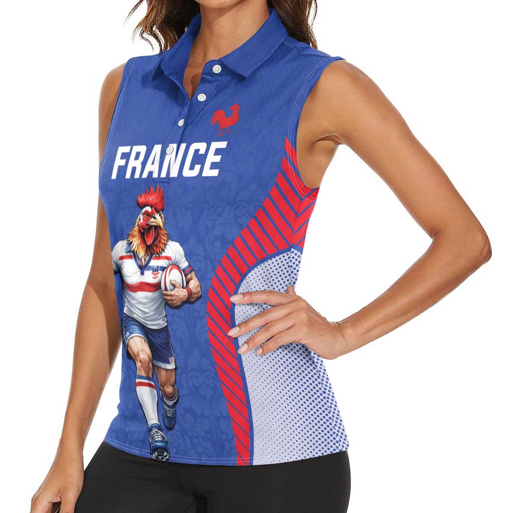 Custom Rugby France Women Sleeveless Polo Shirt XV de France Gallic Rooster Mascot