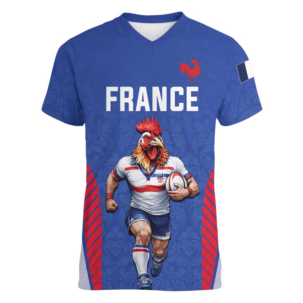 Custom Rugby France Women V-Neck T-Shirt XV de France Gallic Rooster Mascot