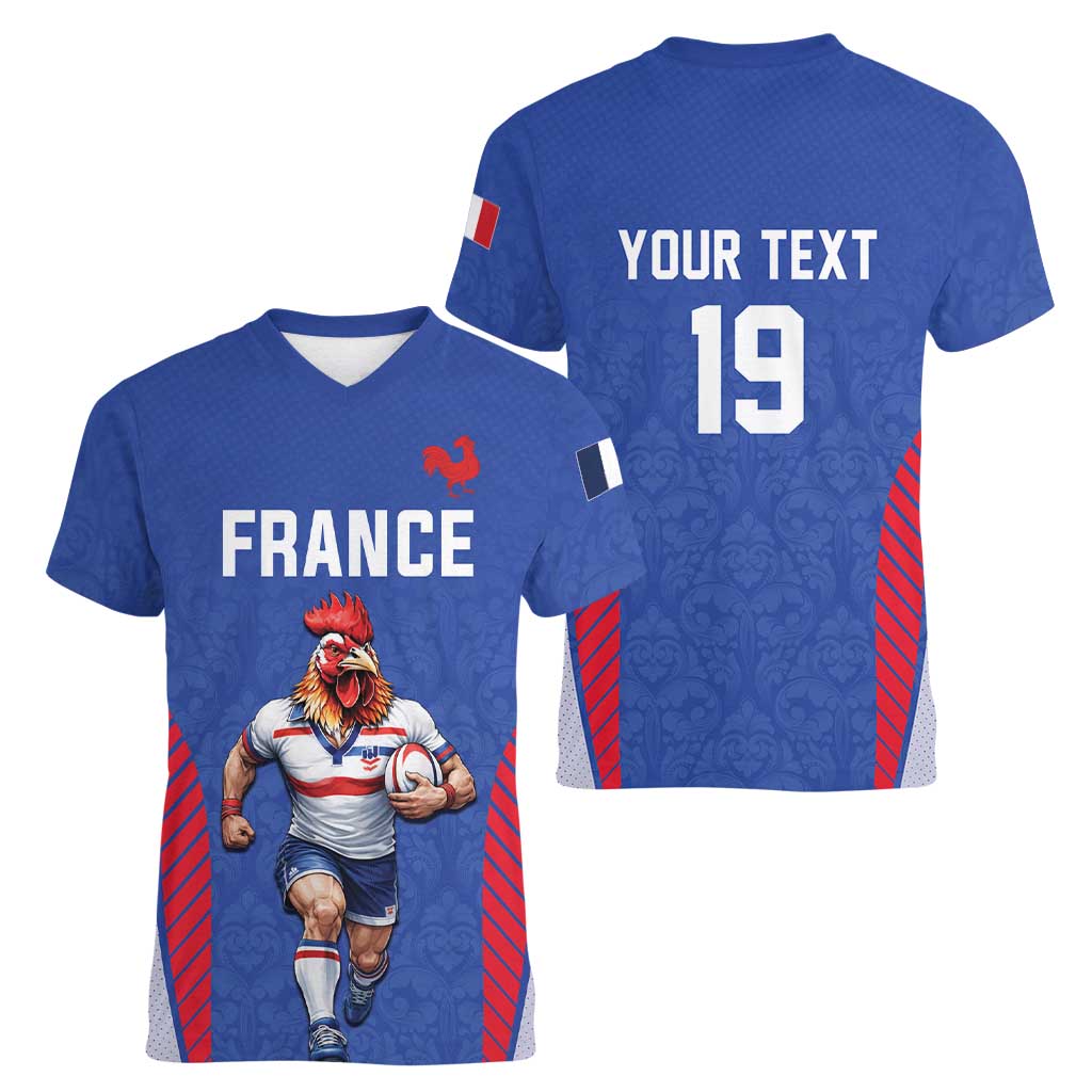 Custom Rugby France Women V-Neck T-Shirt XV de France Gallic Rooster Mascot