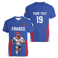 Custom Rugby France Women V-Neck T-Shirt XV de France Gallic Rooster Mascot