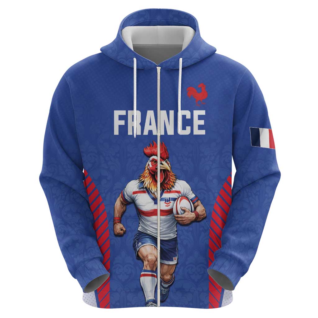 Custom Rugby France Zip Hoodie XV de France Gallic Rooster Mascot
