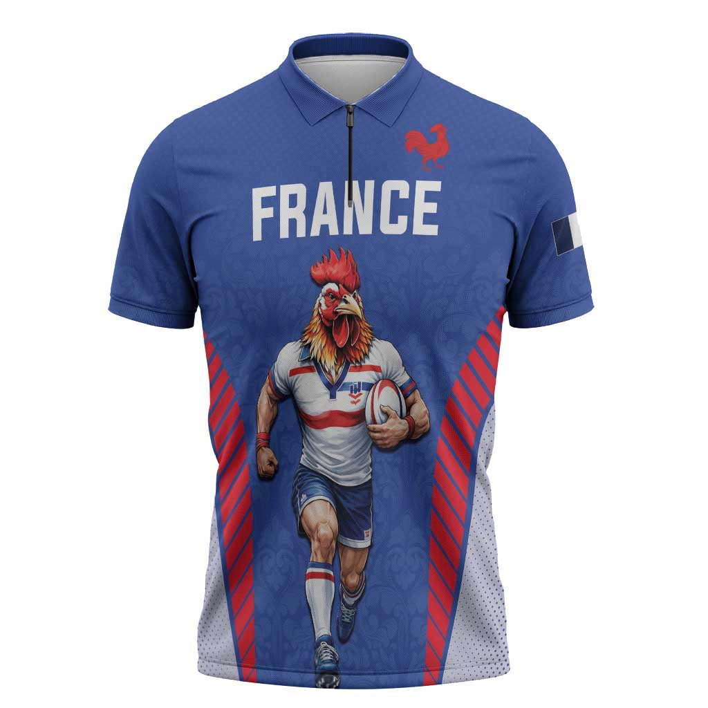 Custom Rugby France Zipper Polo Shirt XV de France Gallic Rooster Mascot