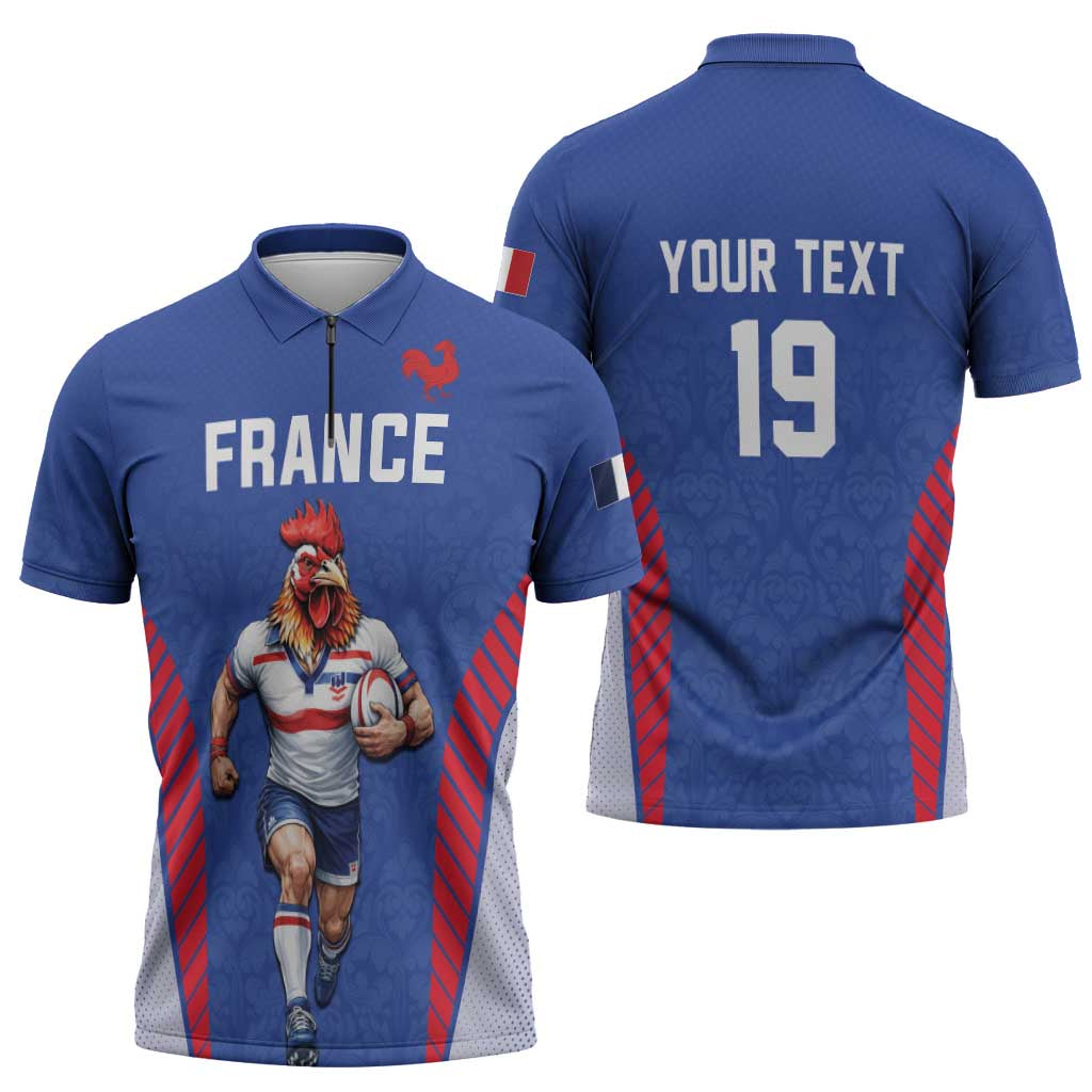 Custom Rugby France Zipper Polo Shirt XV de France Gallic Rooster Mascot