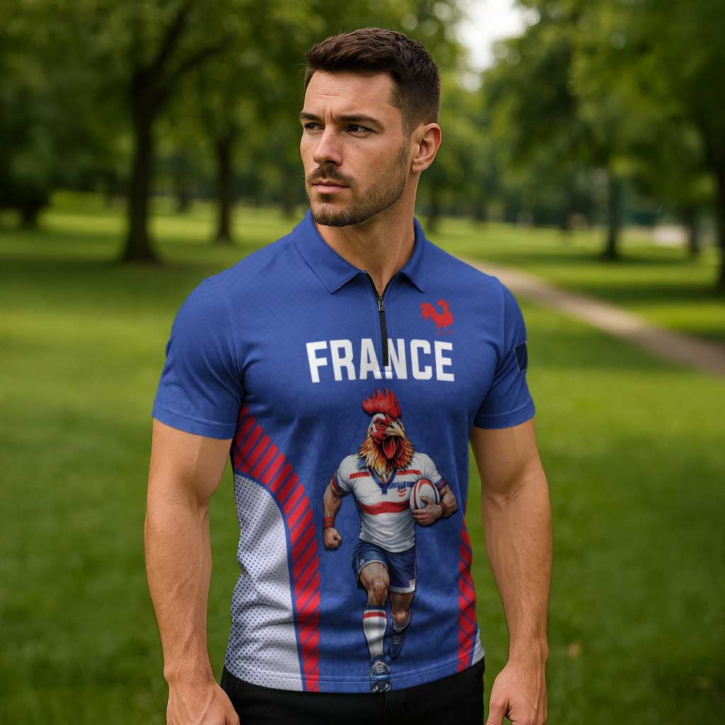 Custom Rugby France Zipper Polo Shirt XV de France Gallic Rooster Mascot