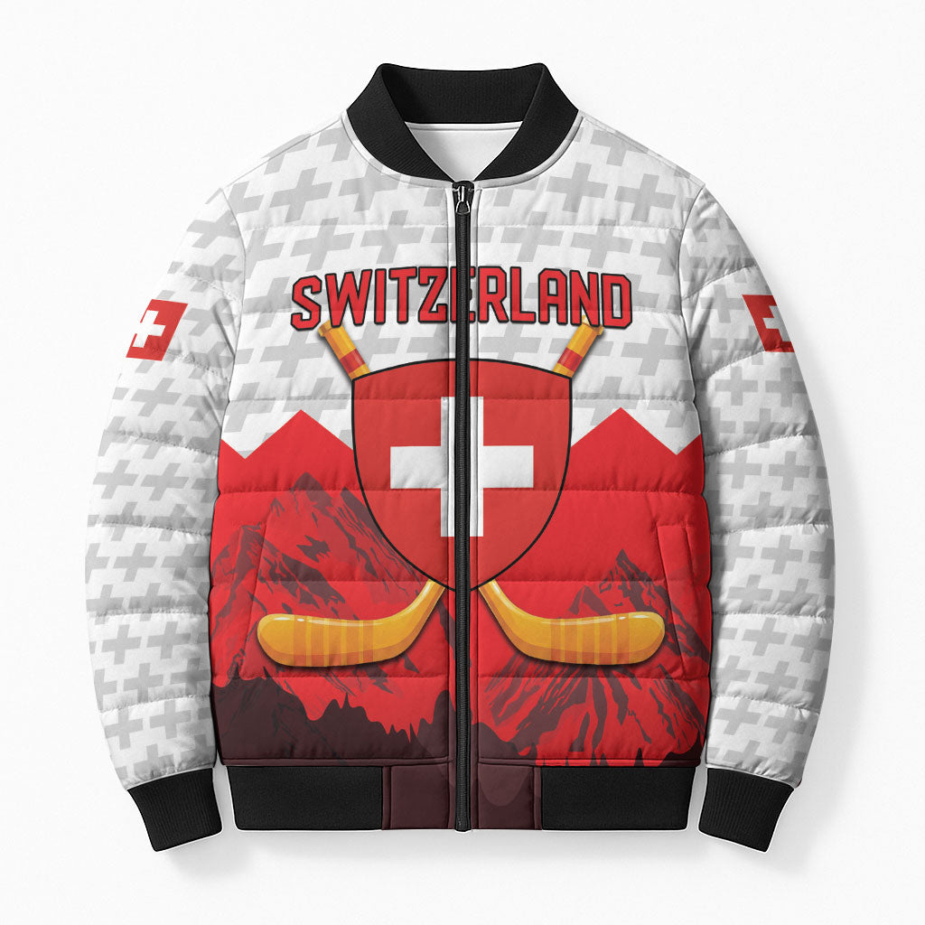 Switzerland Ice Hockey Custom Bomber Puffer Jacket Swiss Shield Alps Art