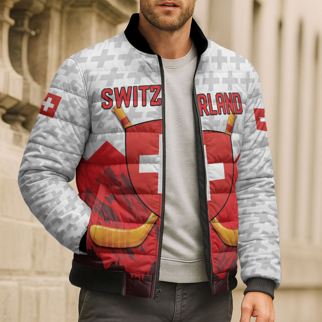 Switzerland Ice Hockey Custom Bomber Puffer Jacket Swiss Shield Alps Art