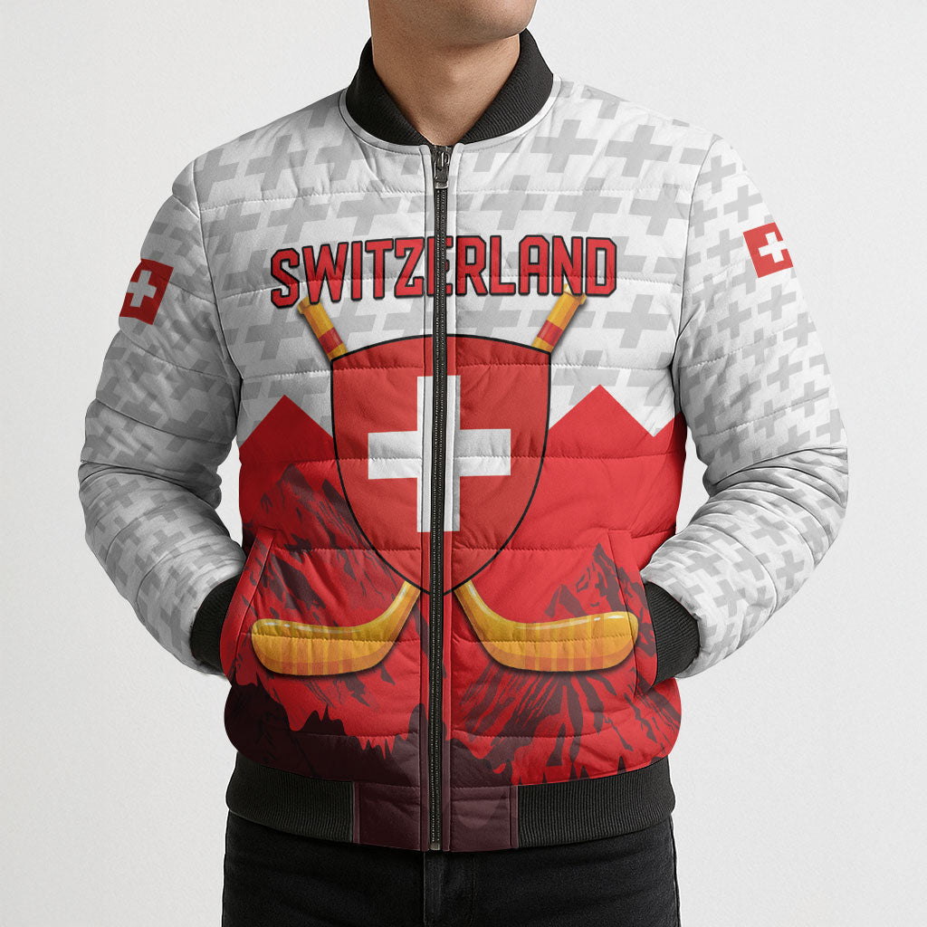 Switzerland Ice Hockey Custom Bomber Puffer Jacket Swiss Shield Alps Art