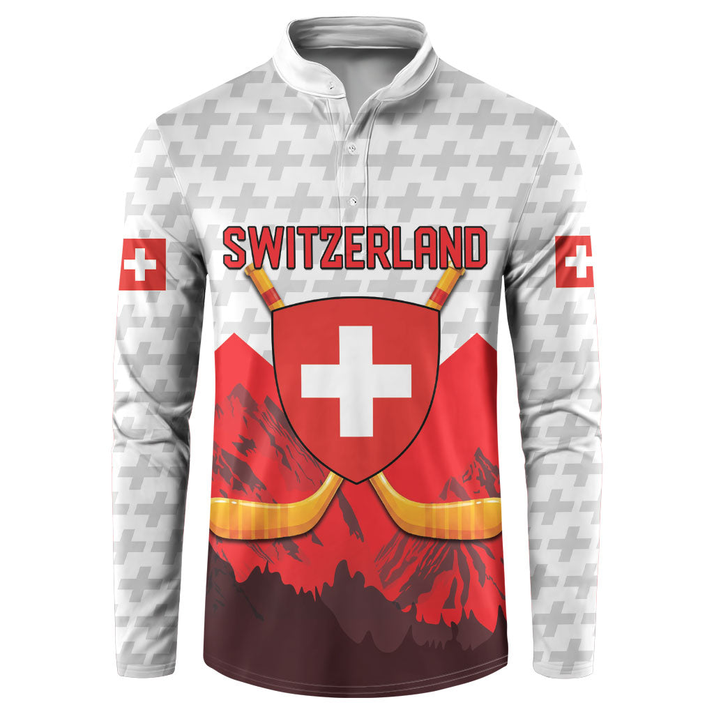 Switzerland Ice Hockey Custom Button Sweatshirt Swiss Shield Alps Art